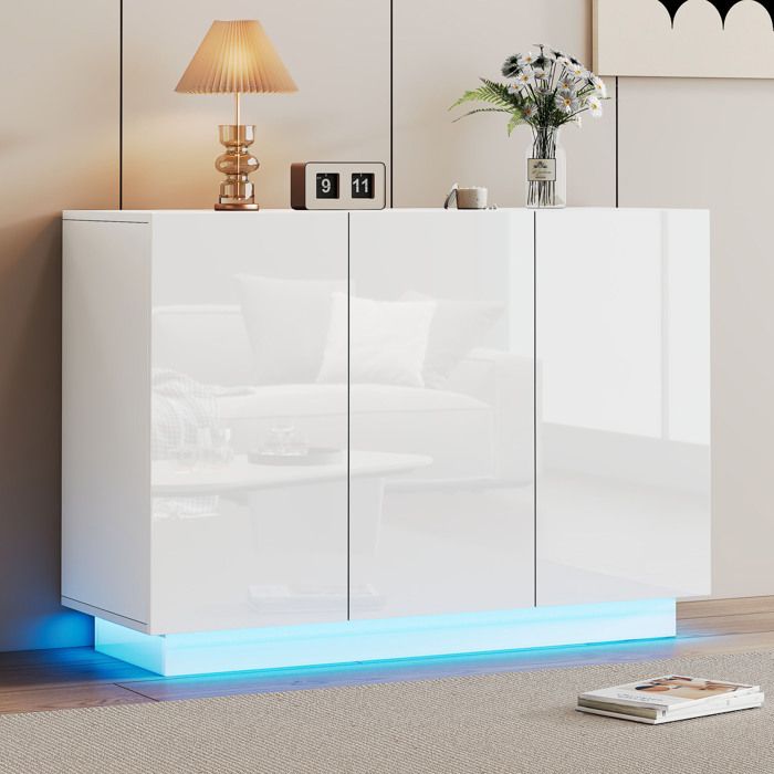 Buffet Blanc, Avec éclairage LED, 6 Tiroirs De Rangement, Pour Salon Et