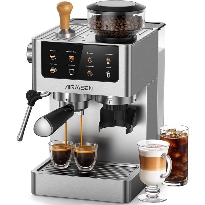 AIRMSEN Machine à Café avec Broyeur – Machine à Café Expresso avec Mousseur à Lait 20 Bars Inox Cappuccino Latte Café Glacé - Airmsen