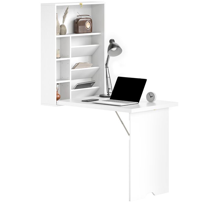 Bureau pliable mural - HOMCOM - étagères de rangement - gain de place - pour salon salle à manger bureau à domicile - blanc