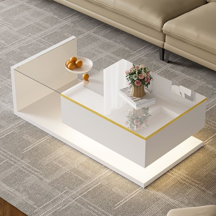 Table basse salon en Verre 90x50x325cm LED 1 Porte Compartiment Rangement Style Moderne et élégant Meuble Salon Blanc brillant