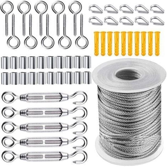 Kit de 56 pièces avec câble acier inoxydable revêtu nylon 50m pour tendre suspendre (linge tente) et jardin