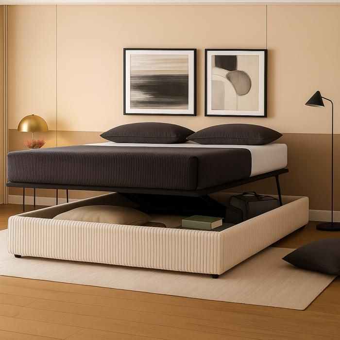 Lit coffre à ouverture horizontale et frontale - 200 x 200 cm - velours côtelé sable