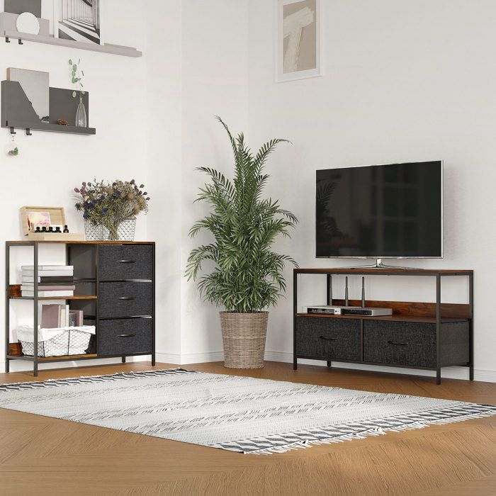 Meuble TV Bas sur Pieds Style Industriel 2 tiroirs en Tissu Gris MDF Marron Rustique et métal Noir