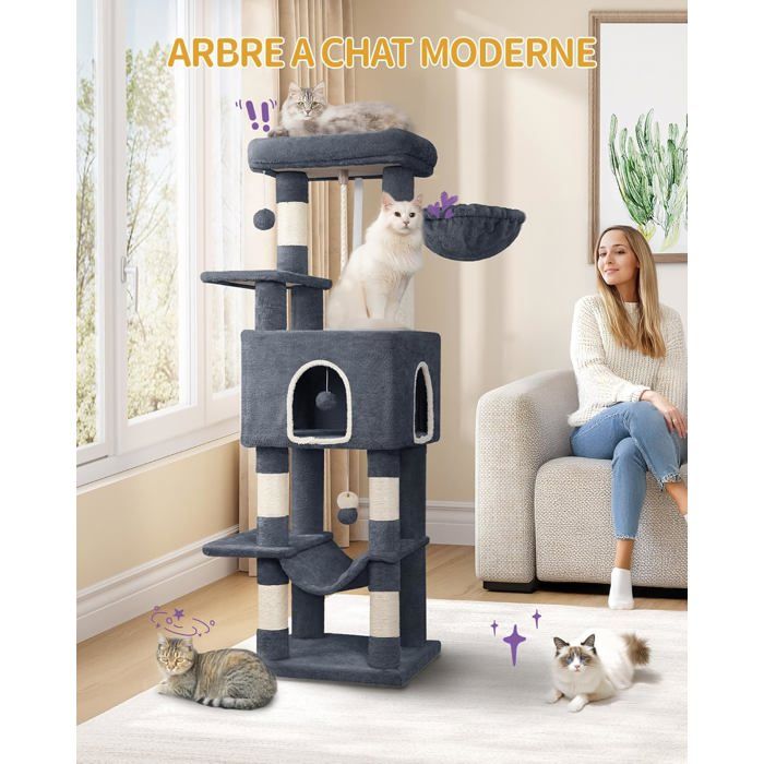 Meilleurs prix pour Arbre à Chat Hauteur 149 cm Tour de Jeux pour Chats Griffoir avec Grandes Plateformes 5 Poteaux à Griffer 3 Pompons Gris Foncé