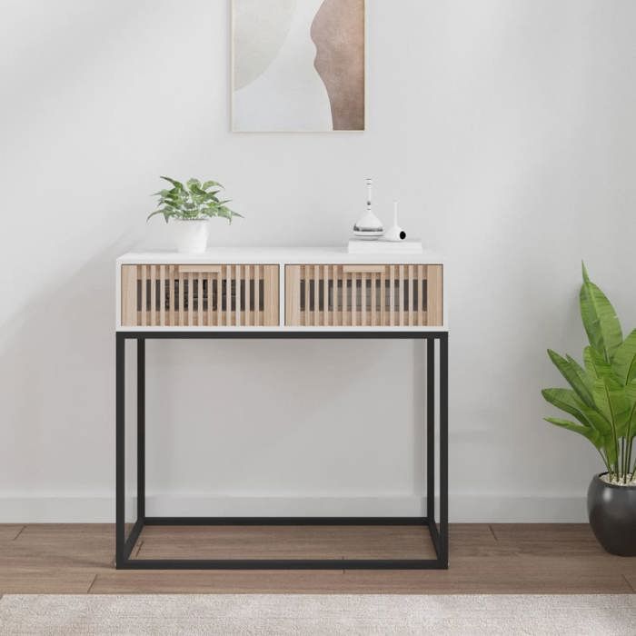 Table console scandinave - vidaXL - 80x30x75 cm - Blanc - Bois dingénierie - 2 tiroirs - Pieds en métal