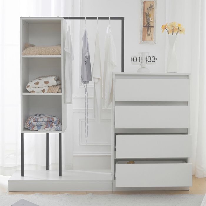 Dressing Ouvert Blanc avec Commode 4 Tiroirs Portant Métal Noir et Étagères Meuble de Rangement 140×40×135 cm Dressing Ouvert Blanc avec Commode 4 Tiroirs Portant Métal Noir et Étagères Meuble de Rangement 140×40×135 cm