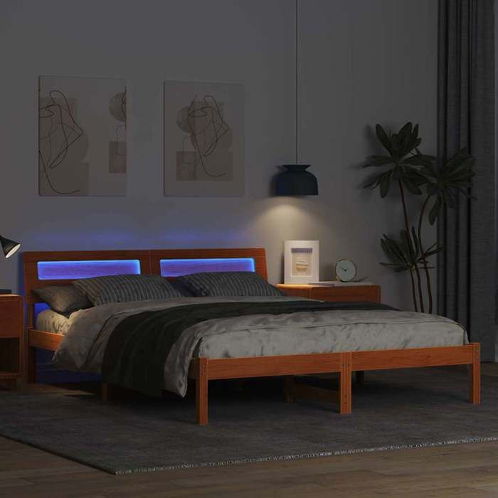 Structure de lit avec tête de lit - UU - 160x200 cm - Pin massif - Brun cire - Bandes LED intégrées - Sans sommier