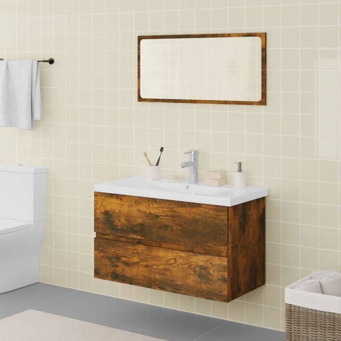 Meuble de salle de bain - vidaXL - Chêne fumé - Bois dingénierie - 80x39 5x45 cm - Miroir inclus - Vasque encastrée