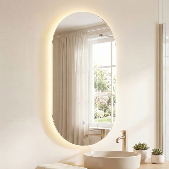 COSTWAY Miroir LED Salle de Bain Ovale 80 x 50 cm avec 3 Couleurs de Lumière Fonction Anti-Buée pour Salle de Bain Chambre