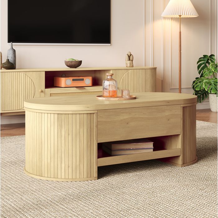 MEUBLIV Table basse relevable avec plateau ajustable et étagère coulissante 110×555×40 cm MDF naturel