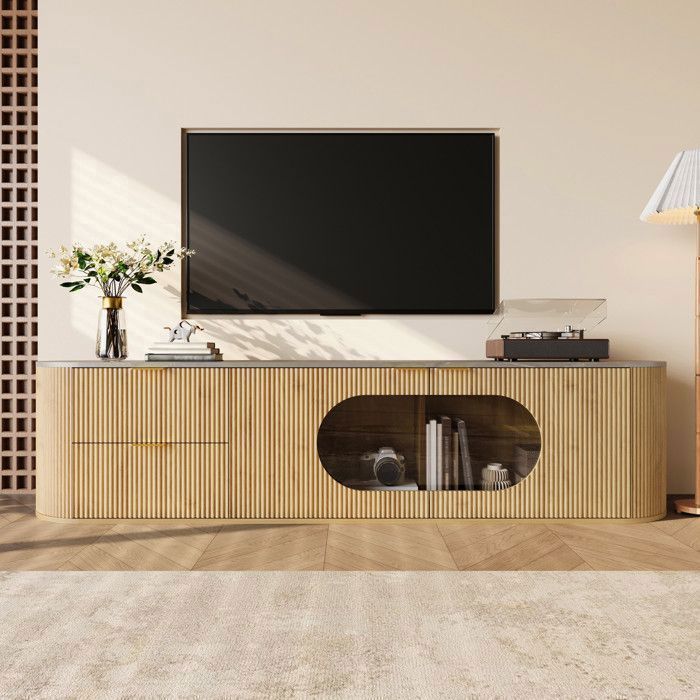 Meuble TV 172cm bois naturel portes 3D rainurées vitrine ovale verre gris rangement spacieux moderne salon