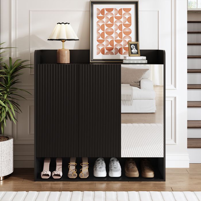 Armoire à Chaussures 3 Portes avec Miroir Étagères Réglables et Façade Rainurée Noir 110 x 35 5 x 110 cm Armoire à Chaussures 3 Portes avec Miroir Étagères Réglables et Façade Rainurée Noir 110 x 35 5 x 110 cm
