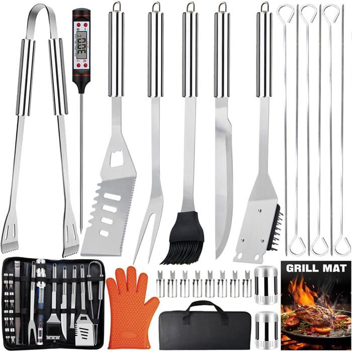 28Pcs Ustensiles Barbecue en INOX Accessoires Barbecue Grille Professionnel Portable Kit doutils BBQ pour Camping et Cuisiner