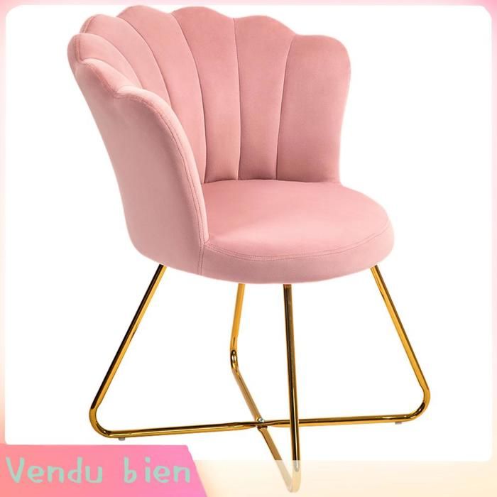 LIA Fauteuil coquillage velours rose 69x64x80cm pieds acier pour salon/coiffeuse
