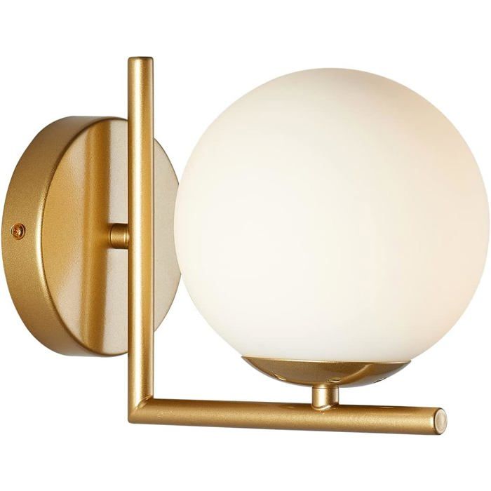 Applique murale dorée style Mid-Century Modern – Luminaire de salle de bain en laiton brossé avec globe en verre blanc dépoli