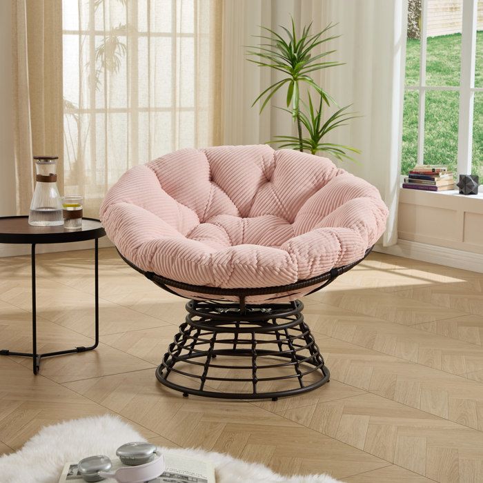 Fauteuil Papasan osier rotin pivot 360° cadre brun coussin rose épais velours côtelé chambre/lecture