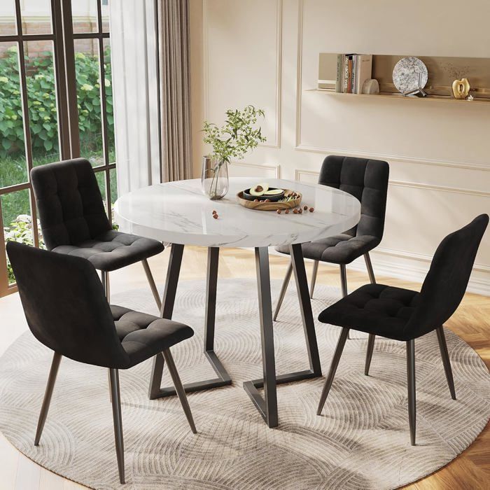 Ensemble Table et 4 Chaises Salle à Manger - Table Ronde et Chaises en Velours-Pieds en Métal- pour 4 Personnes (Blanc+Noir)