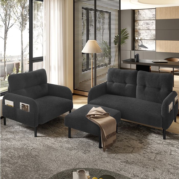 Ensemble canapé 3 pièces gris en velours côtelé canapé 2 places fauteuil et pouf avec poches latérales