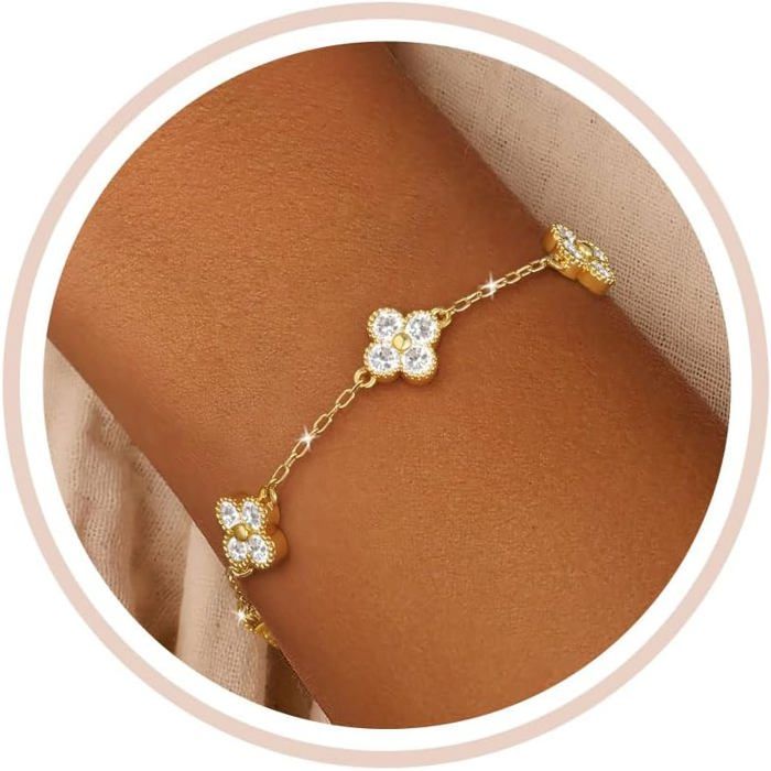 Bracelet Femme Or Trefle À 4 Feuilles Pierre De Naissance Reglable Bracelets Plaqué Or 18 Carats En Pendentif Zircon Saphir [PP36]