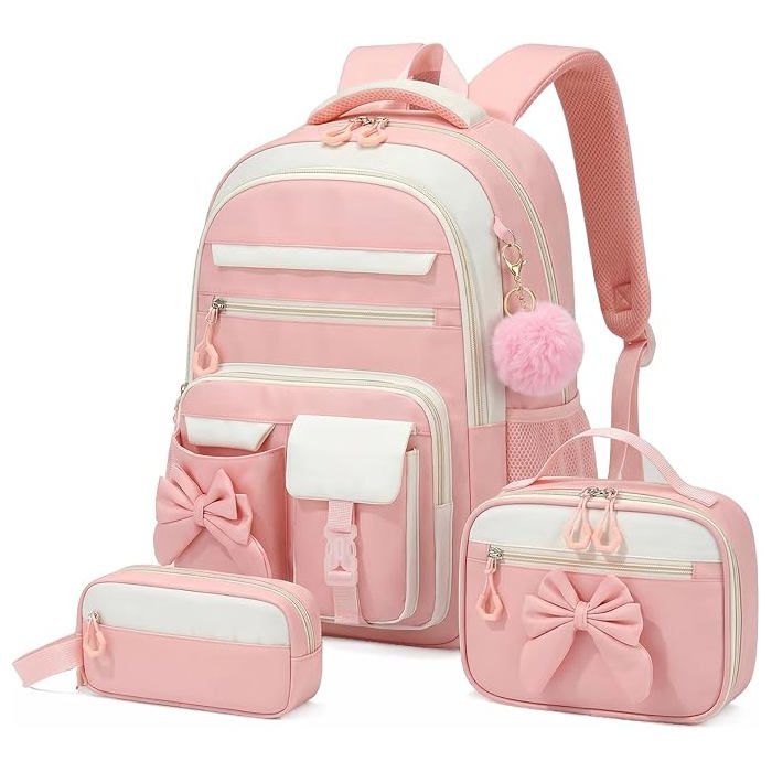 XJYDNCG Cartable Fille Primaire - Imperméable Léger Grand Volume Ensemble Sac + Trousse + Sac Repas - 44x29x21cm - Rose