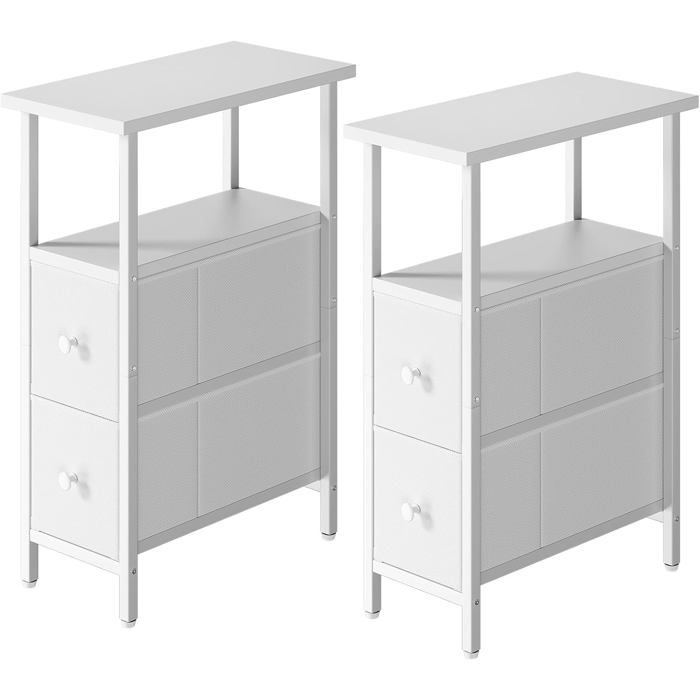 Table de chevet ultra-fine lot de 2 - 2 tiroirs en tissu et étagère ouverte finition blanc 40 x 20 x 60 cm