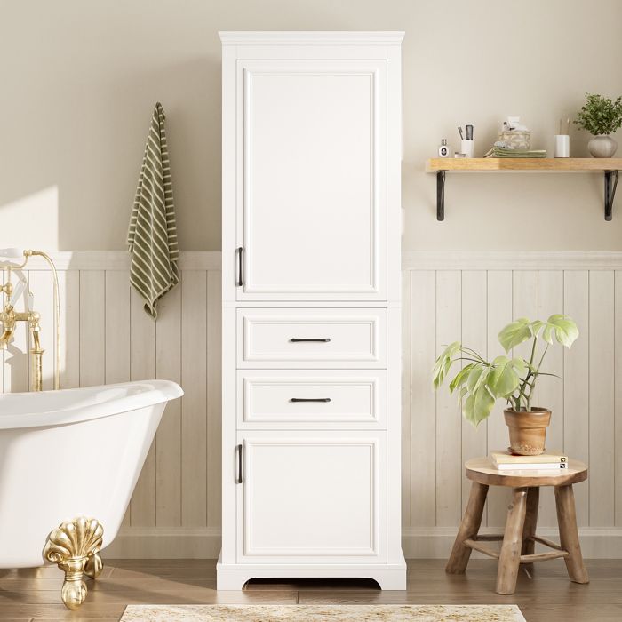 Armoire haute de salle de bain - 60x40x180 cm - MDF laqué résistant à lhumidité - 2 tiroirs 2 portes - Étagères réglables