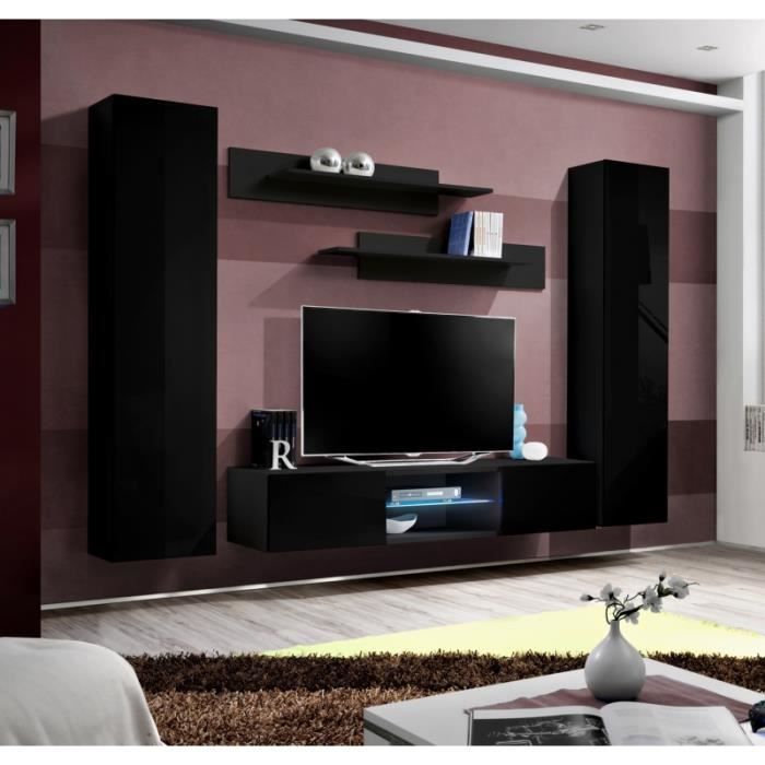 ensemble meuble tv mural - ac-déco - fly o1 - noir - laqué - 2 porte(s) - contemporain - design