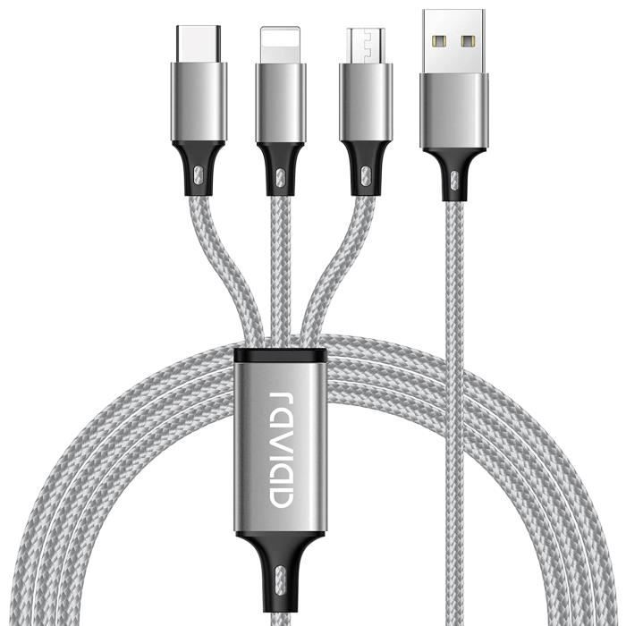 Câble Multi USB, 3 en 1 Multi Chargeur USB Câble 1.2M Câble Universel en  Nylon avec IP Micro USB Type C Lightning Connecteurs p[32] - Cdiscount  Téléphonie