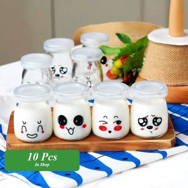 Pot de yaourt en verre 12 Pcs avec couvercles avec décor d'émoticône  différent100ml