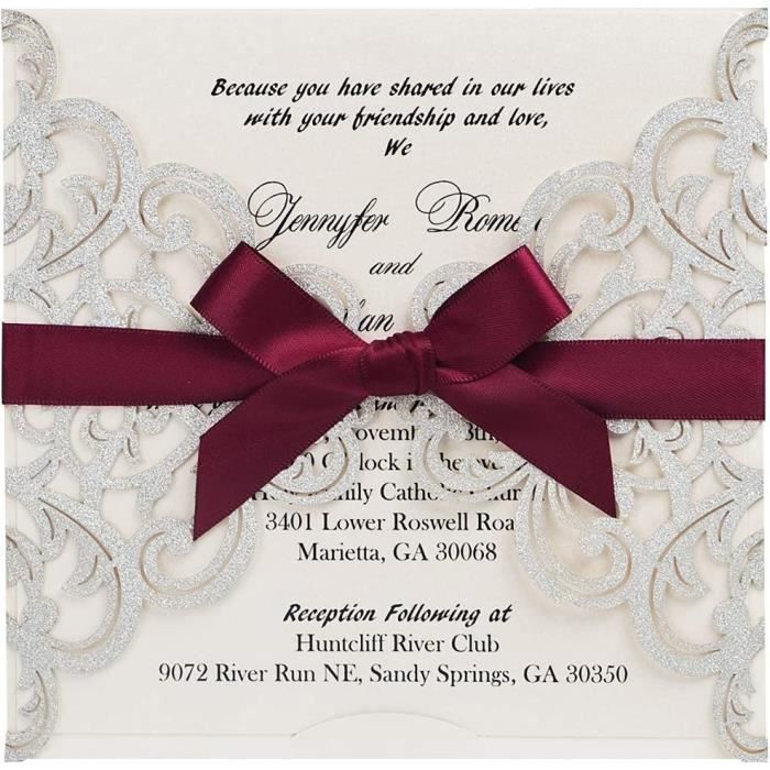 Cartes D'invitation Mariage Dentelle Fleurs – 20 Pièces Avec Enveloppes – Personnalisables Laser Cut