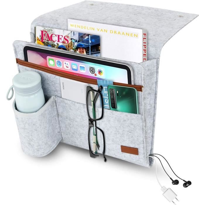 Organisateur de Chevet - DLZAOAO - Gris - Sac de Rangement - Pochettes Pratiques - Porte-Bouteille