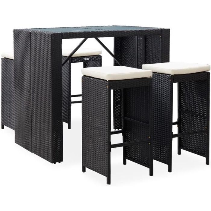 magnifique ensemble table de bar 4 tabourets bar mange debout mobilier de bar d exterieur 5 pcs resine tressee et verre noir cdiscount maison