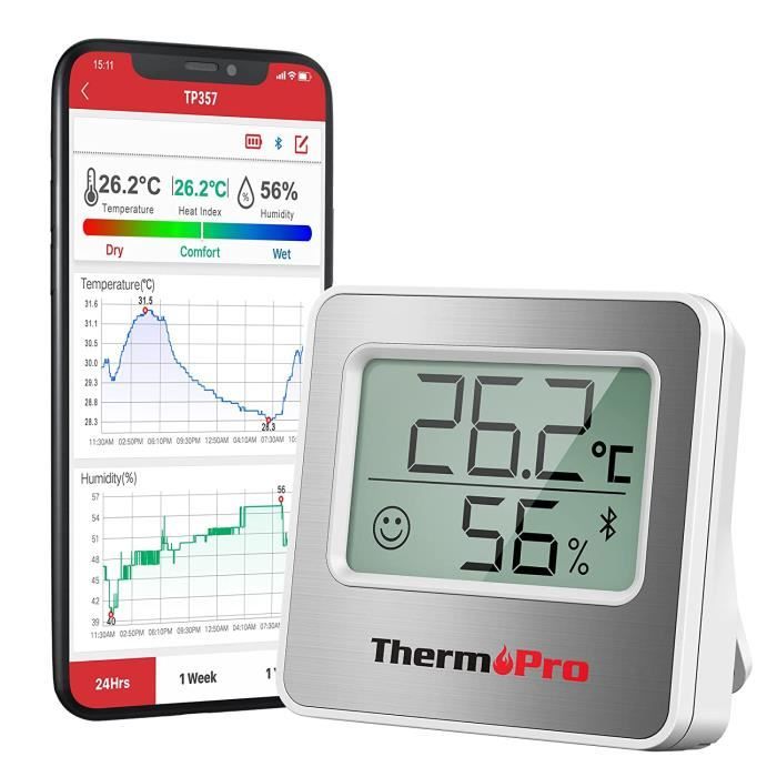 Thermopro TP357 Petit Hygrometre Interieur Connecté Bluetooth de Thermomètre  Intérieur, Thermomètre Connecté Utilisé avec Smart APP, pour Le Bureau à  Domicile Thermomètre de Reptile, 2 Pièces : : Jardin