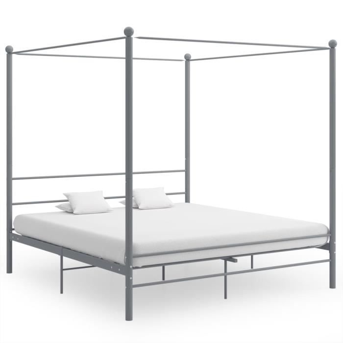 lit à baldaquin luxusmode - gris métal - 180x200 cm - cadre supérieur pour rideaux ou moustiquaire