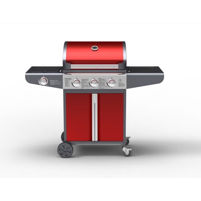Barbecue à gaz Oklahoma - CONCEPT USINE - 3 brûleurs + 1 brûleur latéral - Inox - Rouge - Ustensiles inclus