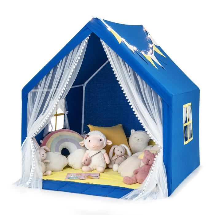 Tente de jeu pour enfants COSTWAY avec lumières d'étoiles et tapis en coton lavable - Bleu