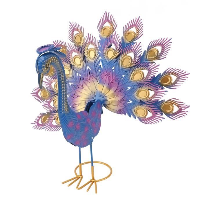 Statue Paon Métal Multicolore 40,6 X 39,6 Cm – Décoration Jardin Extérieur Patio Cour – Sculpture 3D Paon Royal