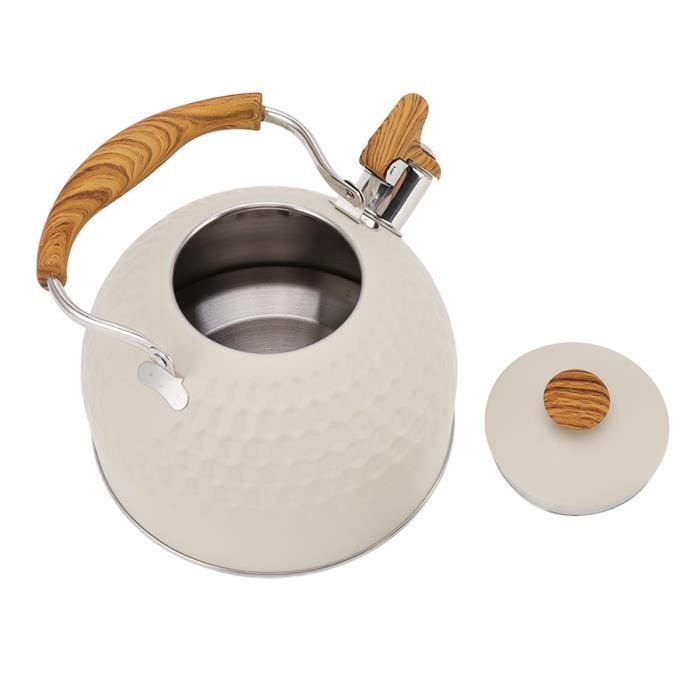 Bouilloire Sifflante Inox 2,5 L - Blanc Avec Poignée Bois - Pour Plaques Gaz, électriques, Induction - Bec Sifflant - 8