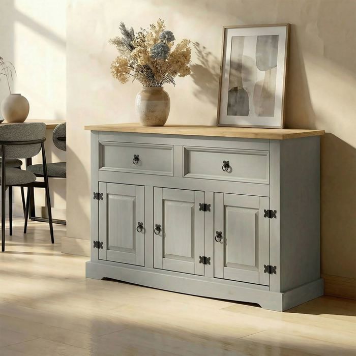 Buffet salle à manger TEQUILA L 133 cm en bois massif gris avec 3 portes et 2 tiroirs meuble de rangement bas Buffet salle à manger TEQUILA L 133 cm en bois massif gris avec 3 portes et 2 tiroirs meuble de rangement bas