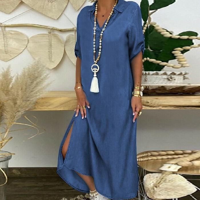 Robe Femme Robe En Jean De Couleur Unie Col En V Manches Roulees Bouton Ample Longue Robe Decontractee Bleu Bleu Cdiscount Pret a Porter