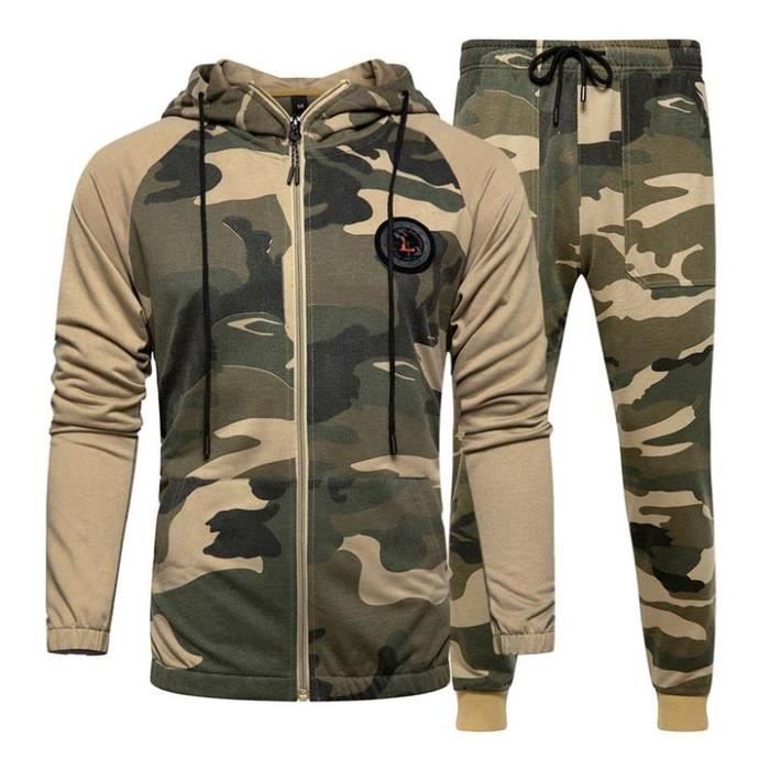 Ensemble Veste Zippée Capuche et Pantalon Taille Elastique Vetement Camouflage de Sport