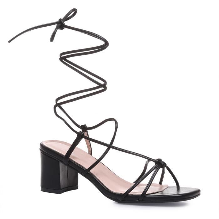 Sandales Femme LA MODEUSE Simili Cuir Noir Talon Carr 6cm