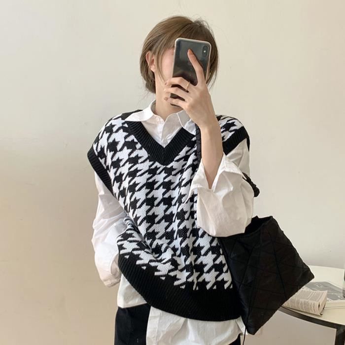Gilet Vangull noir blanc plaid pull gilet femmes decontracte tricote pulls femme automne style coreen gilet pull en Type Black Blanc Cdiscount Pret a Porter