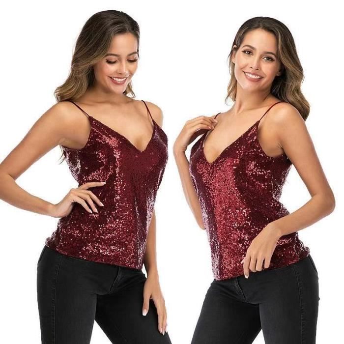 Femme Gilet Debardeur a Paillettes Col en V Slim Sequins pour Soiree Fete Rouge Rouge Cdiscount Pret a Porter