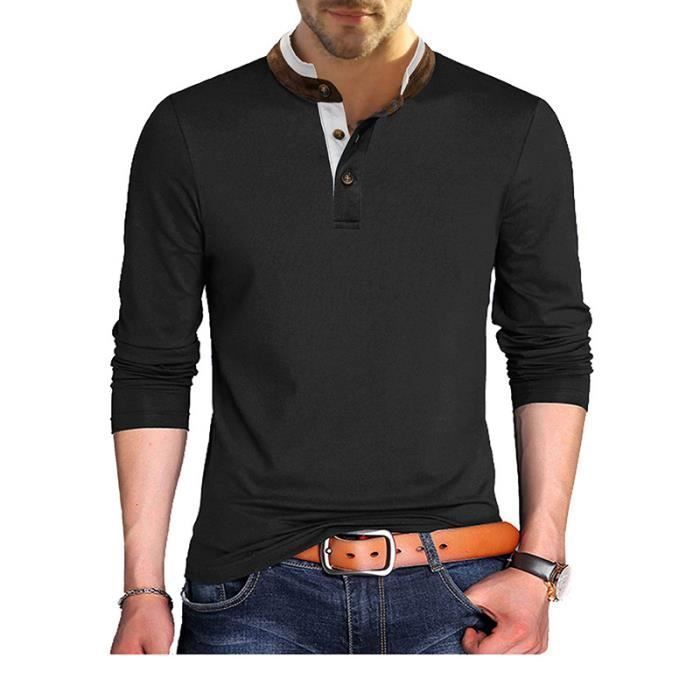 T Shirt Homme Manches Longues Slim Fit Polo Elegant Couleur Unie