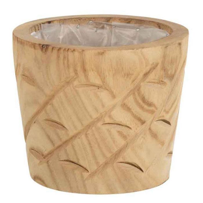 J-Line Cache-Pot Encoches Bois Naturel Small - Pot De Fleurs Élégant En Bois
