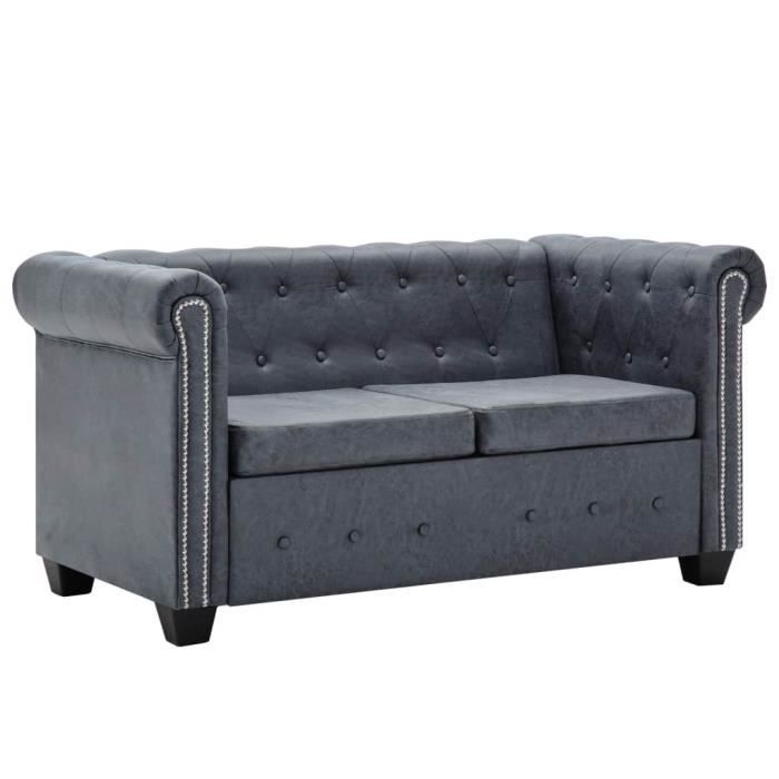 Canapé Chesterfield à 2 Places Faux Cuir Suédé Gris