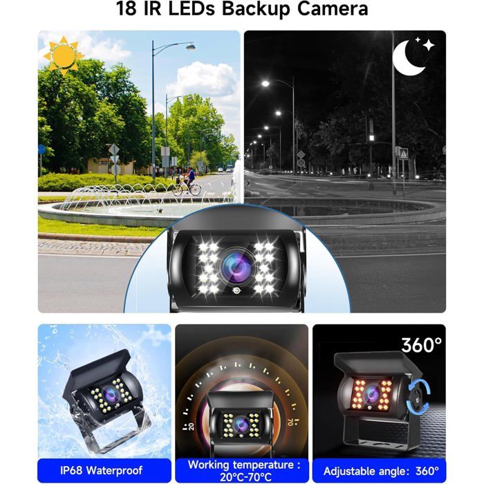 Caméra de Stationnement Kit de Moniteur 7 Pouces, Vision Nocturne Infrarouge IP68 Étanche Système de Caméra de Secours Sans Fil pour Camion Remorque RV Pickups Voiture de Camping