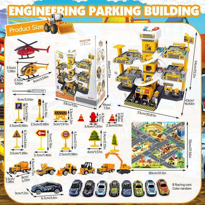 Mochtoys Garage à 4 Étages Avec Ascenseur - Parking Jouet Avec Panneaux, Station-service Et Voiture - Développe Motricité - Pour Enfants Dès 3 Ans