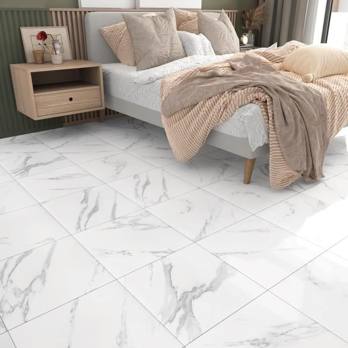 Carrelage Adhésif PVC 30x30cm - Effet Marbre Blanc Pour Sol Et Mur - Lot De 30 Dalles